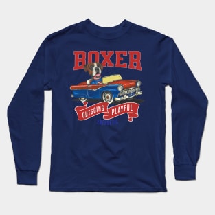 Funny boxer in a cute dog in classic vintage retro auto with red white and blue flags Long Sleeve T-Shirt